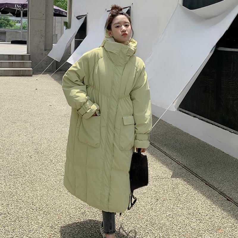 Женский зеленый пуховик с капюшоном, длинная хлопковая одежда, новая зимняя корейская мода, свободные теплые утолщенные ветрозащитные пальто большого размера, топы