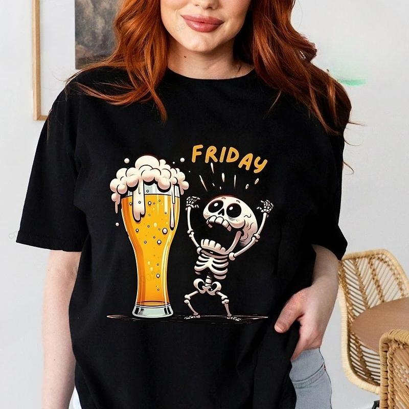 Women's Monday To Friday Beer T-shirts Fun Casual Fashion Sports T-shirts Skull Friday Beer Graphic T-shirts Women's Clothing