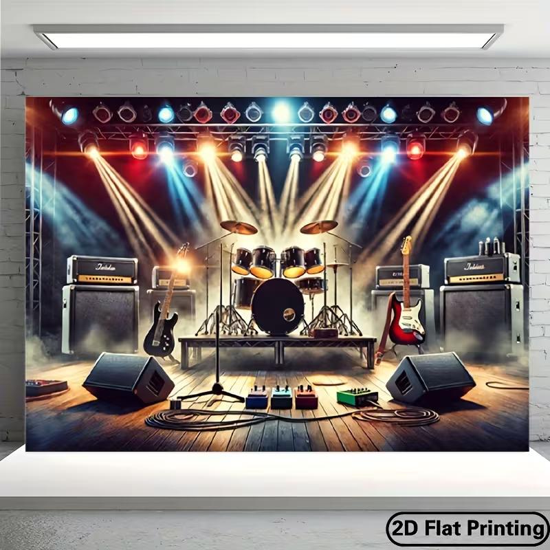Фон для фотобудки «Сцена Rock Band», Задник «Свет софитов на концерте, Барабанная установка» для тематических вечеринок
