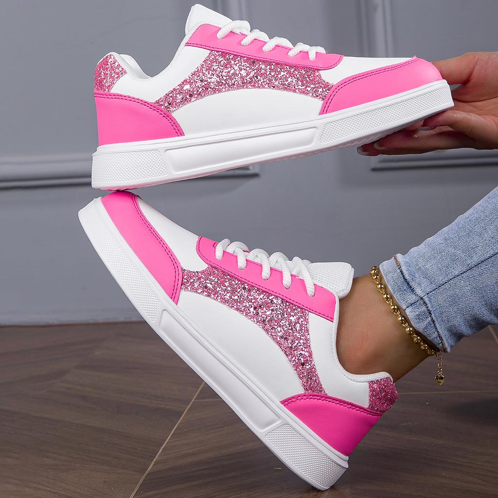 MCTIN White Shoes Women's PU Leather Sports Shoes Flats Black Sequined Sneakers Plus Size 35-42