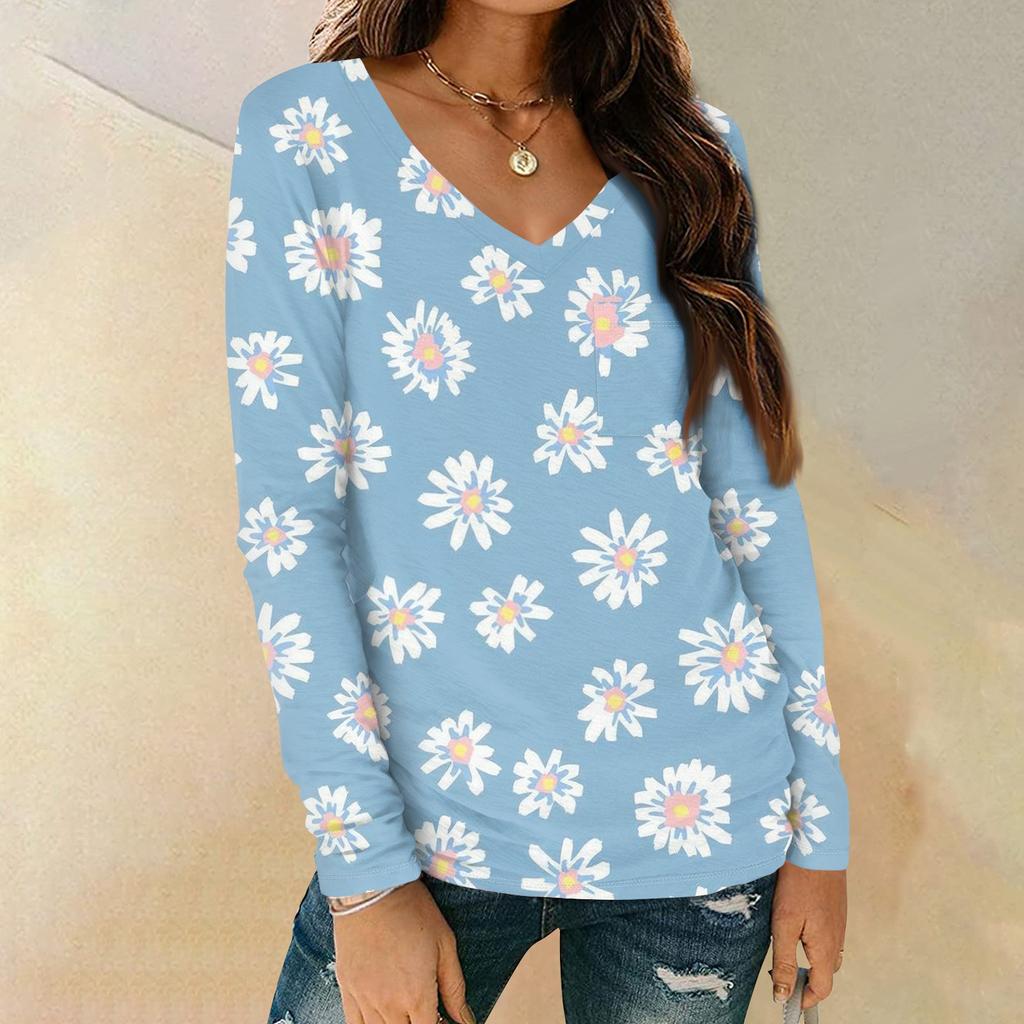 Женская мода повседневная блузка с длинным рукавом и цветочным принтом, V-образным вырезом и карманами