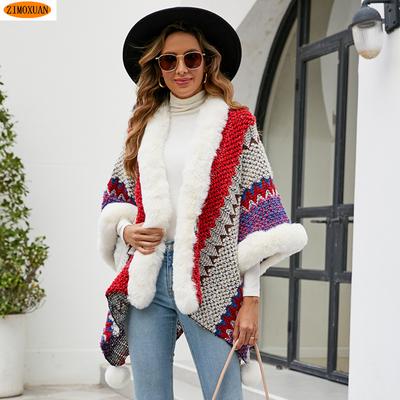 Новая коллекция осени/зимы, красочная полосатая накидка с шалью и меховым воротником, открытый кардиган, повседневный свитер для женщин