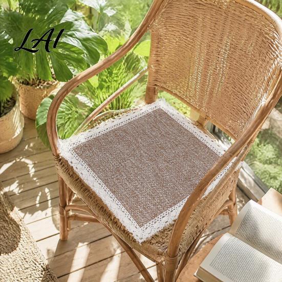 Chair Pad with Ties Cotton Linen Ties Square Summer Seat Lace Soft Yarn Trim 15.75" x Breathable Washable Mat for Dining Office Rattan