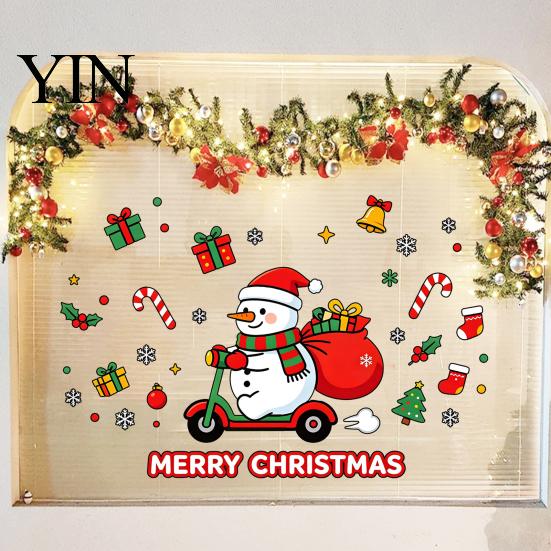 Winter Home Decor Cute Snowman Scooter Christmas Static Window Cling, Cartoon Merry Glass Reusable Holiday Ornaments Decal, Waterproof Sticker