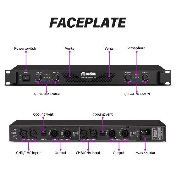 DJ Power Amplifier 4 Channel Lightweight Amplifier 1U 8 Ohm 100W 4 Ohm 200W Suitable for Small Stage Performance Karaoke DGNOG