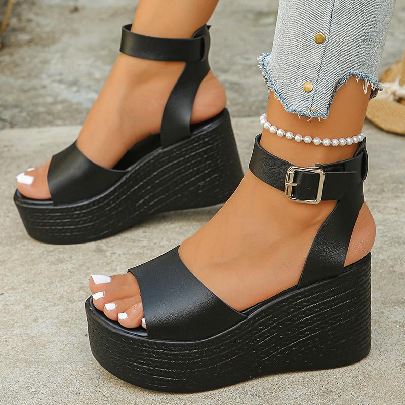 Модные женские сандалии на толстой подошве, черные клиновидные сандалии, модные сандалии на массивной платформе с ремешком на щиколотке, женские сандалии на очень высоком каблуке, летние сандалии для женщин