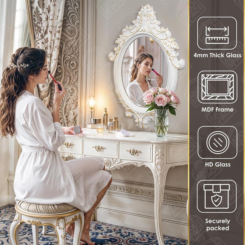Настенное зеркало для ванной комнаты с изысканным дизайном, овальной формы, винтажный настенный декор для ванной комнаты, спальни, туалетного столика, прихожей (Белый, Золотой - В 64 x Ш 46 см)