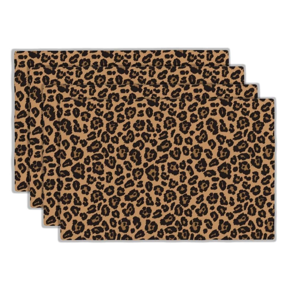 Black Brown Leopard Cheetah Print Heat Resistant Washable Table Placemats Kitchen Dining Decor 4 Piece Set