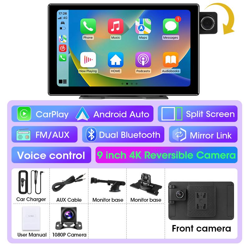 9-дюймовый 4K видеорегистратор автомобильный видеорегистратор беспроводной Carplay Android Auto вращающийся объектив видеорегистратор приборная панель двойной объектив 1080P камера заднего вида