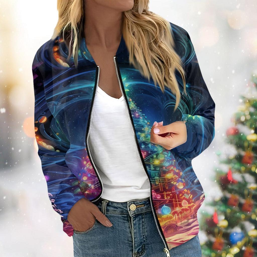 Женская легкая короткая куртка с длинными рукавами на молнии с принтом, повседневная стеганая куртка с карманами, рождественская