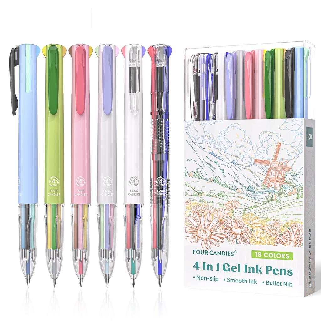 Four Candies Ballpoint Set of 18 Color Easy To Convenient 4-Color Pens, 6, Ink, 0.5mm, Cute, Write, Multi-Function Pen, Smooth,