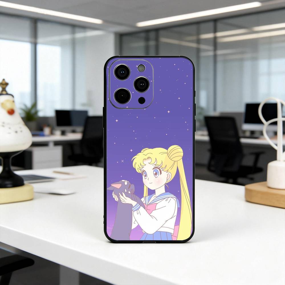 Мультяшный чехол для телефона S-Sailor M-Moon-es Art для iPhone 17, 16, 15, 14, 13, 12, 11 Plus, Pro Max, Других Мягкий Черный Чехол