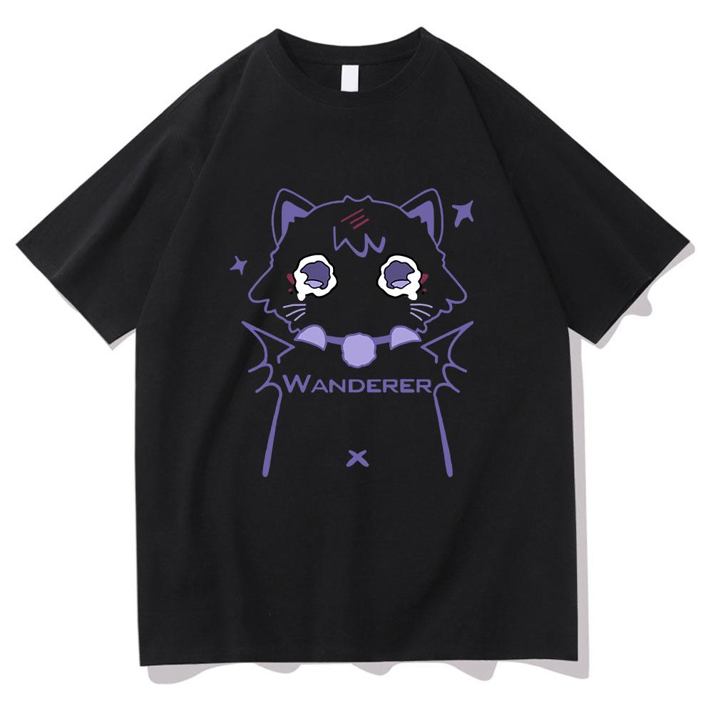 Футболка Genshin Impact Scaramouche Cat, симпатичная аниме-модная мужская/женская эстетическая футболка Wanderer, унисекс, высококачественные хлопковые футболки