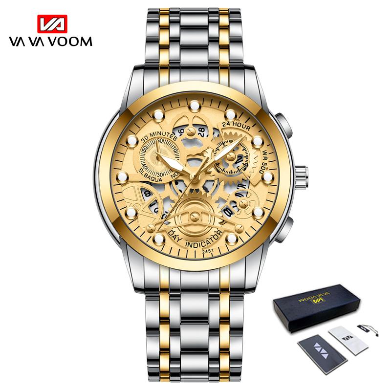 VA VA VOOM Золотые полые светящиеся кварцевые часы Часы со скелетом Мужские часы Импортные механизмы Деловые виды спорта для мужа Подарок Мужские часы из нержавеющей стали