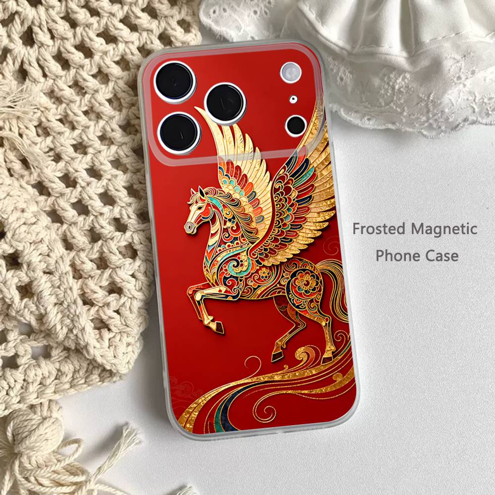 Модный Чехол для Телефона в Китайском Стиле с Красным Конем для iPhone 14,16,12,17,13,15,11 Max,Pro,Mini,Plus,Air,E Магнитный Матовый Прозрачный