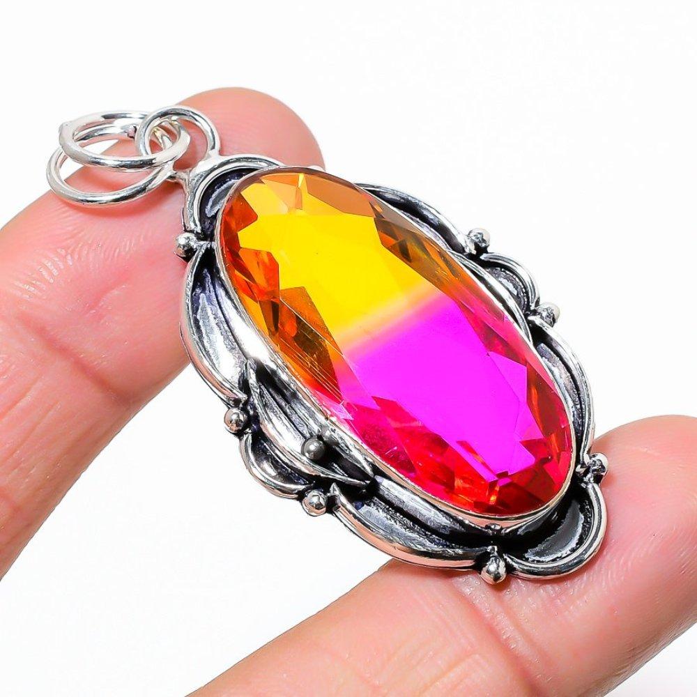 Bi-Color Tourmaline Gemstone 925 Sterling Silver Jewelry Pendant 2.36" V7c88
