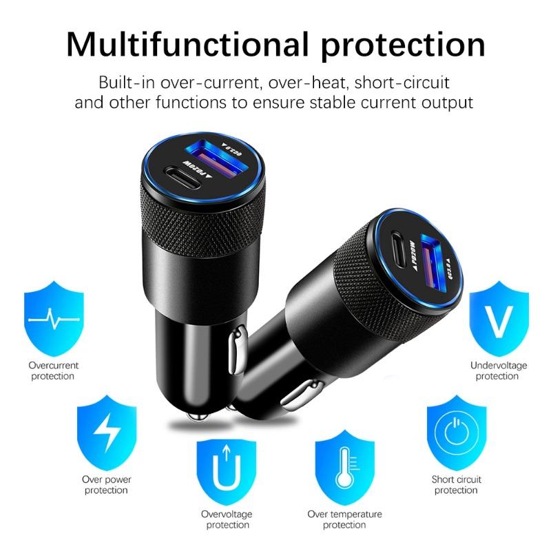 38 Вт Мини Портативное Автомобильное Зарядное Устройство DC12-24V Двухпортовое Автомобильное Зарядное Устройство USB3.1A+Type-C Быстрая Зарядка Со Светодиодным Полупрозрачным Дисплеем