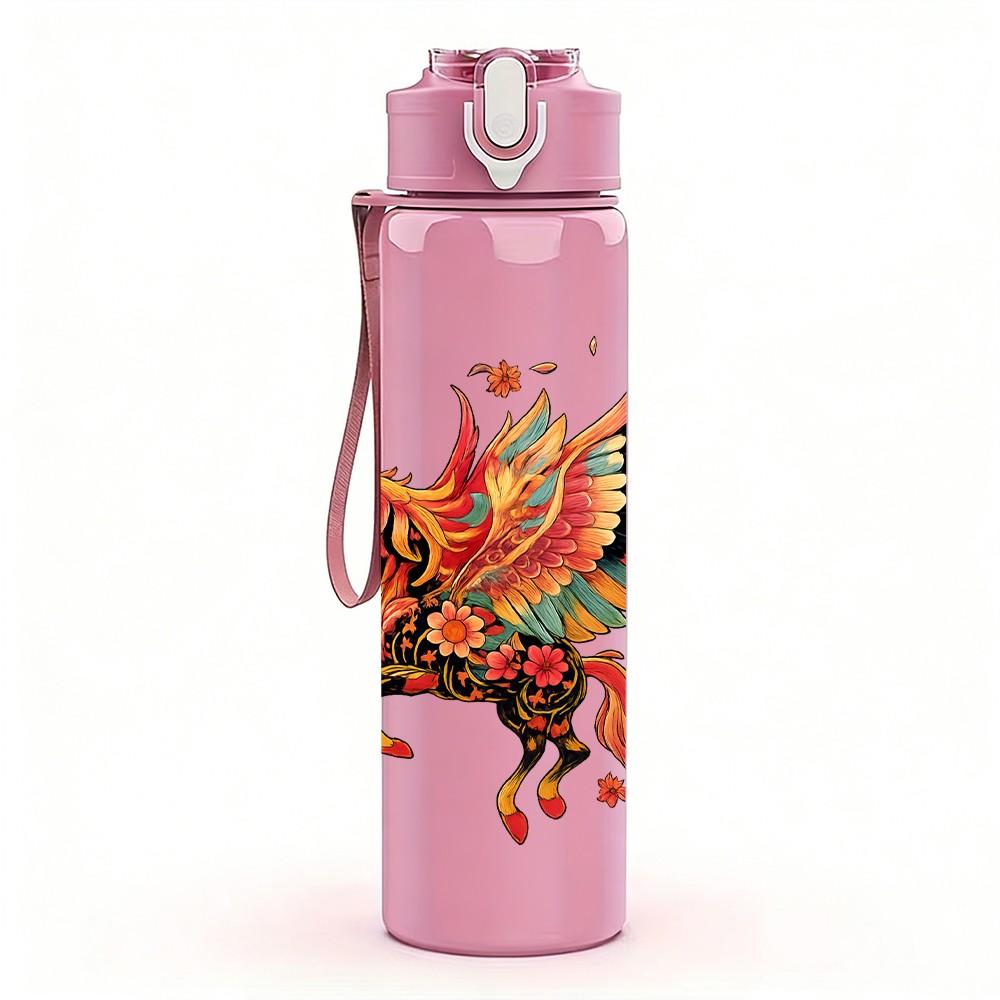 1PC Colorful Phoenix Bird Print 750ml Color Plastic Sports Water Bottle Leakproof Flip Straw Lid Suitable for Sports Office Home Use