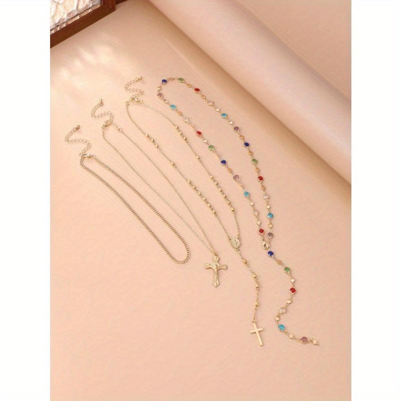 Набор из 4 шт./компл. Ожерелье Y-образной формы с красочными кристаллами в богемном стиле и винтажной металлической подвеской-крестом, подходит для повседневной и праздничной носки для женщин