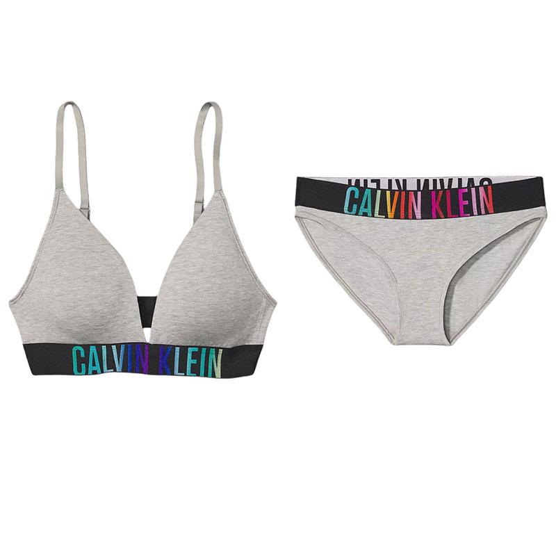 Calvin Klein Intense Power Pride Series Rainbow Logo Print Triangle Cup Underwear Set Women underwear Gray QF7830-050+QF7835-050