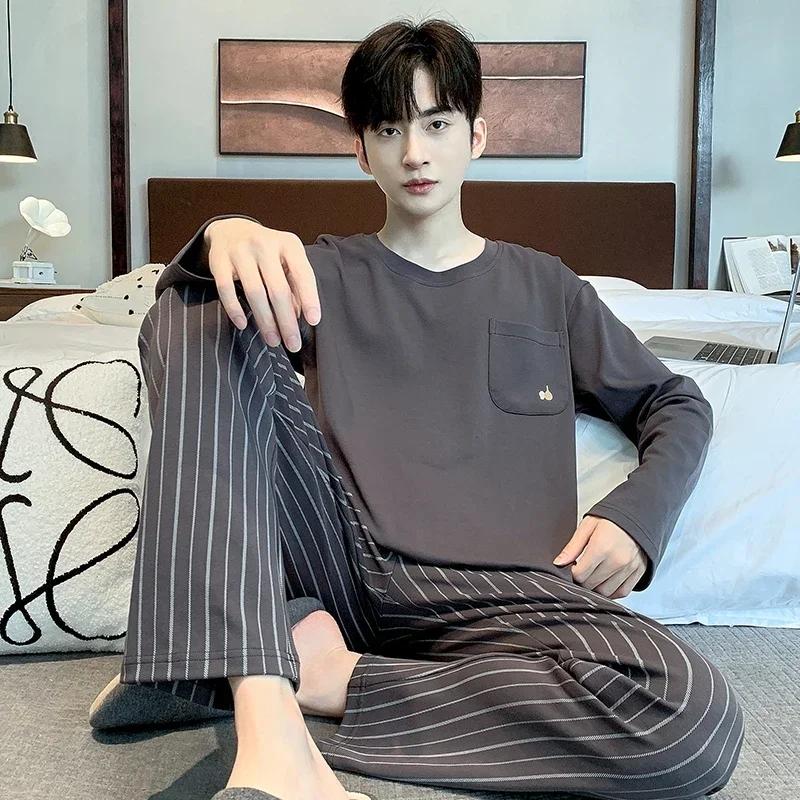 Хлопковая пижама для мужчин с длинными рукавами, топ, брюки, ночная рубашка для молодых мальчиков, мужская ночная рубашка в полоску, домашняя одежда