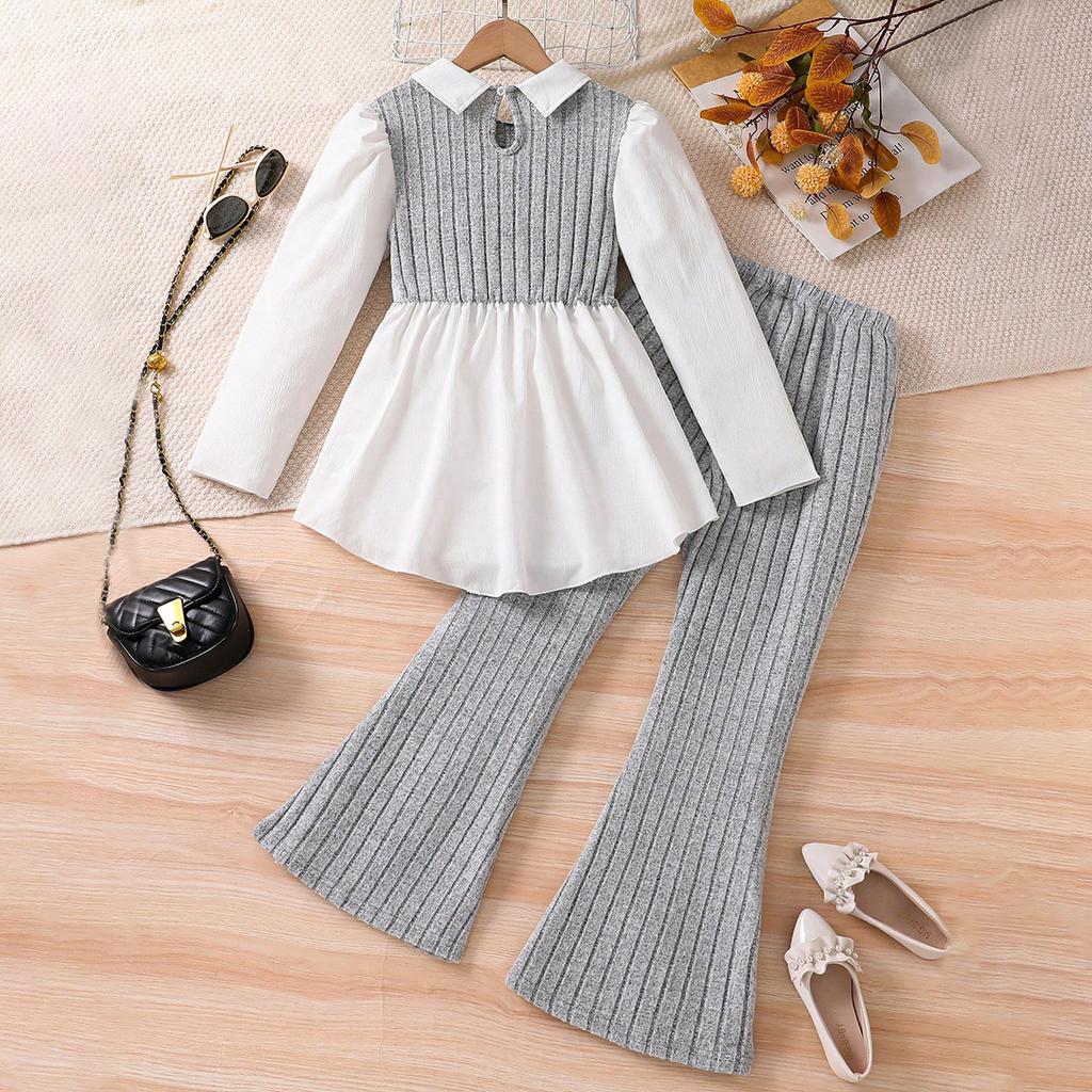 2025 Girls' Autumn Outfit Set Patchwork Fake Two-Piece Top + Stylish Flared Pants 2-Piece