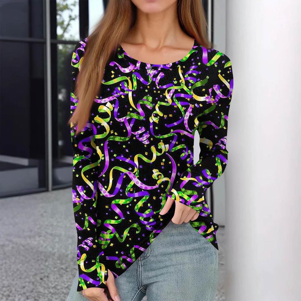 Женская зимняя приталенная футболка Модная повседневная с принтом, с круглым вырезом, пуловер, топ с длинным рукавом