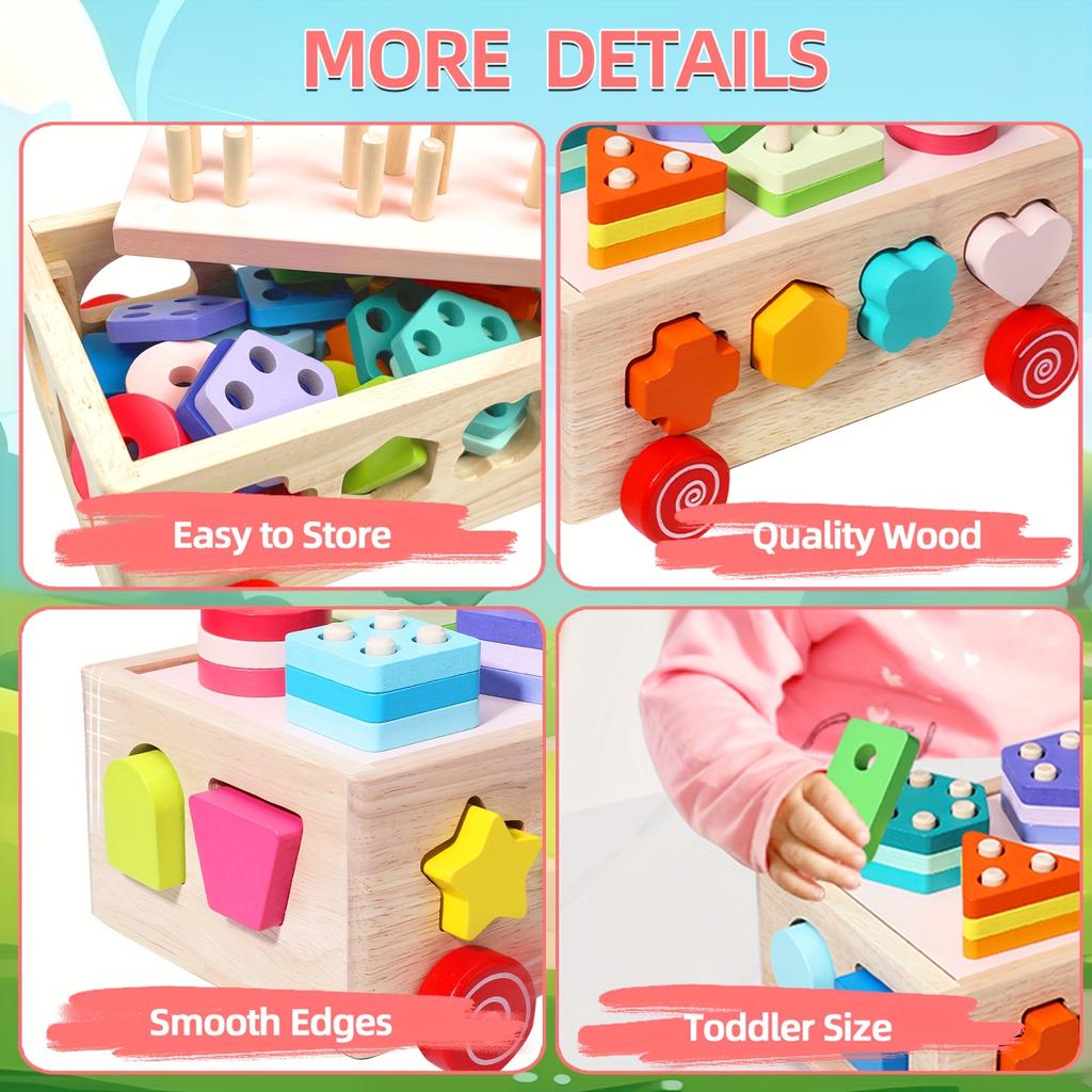 Wooden Multi-Colored Shape Sorting Car Toy For Early Childhood Education Hand-Eye Coordination And Color Shape Recognition