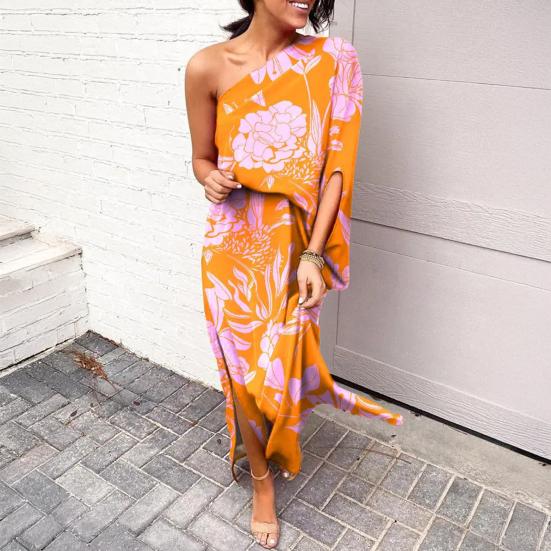 Женское платье макси на одно плечо с рукавами «летучая мышь» и цветочным принтом, длинное платье с разрезом