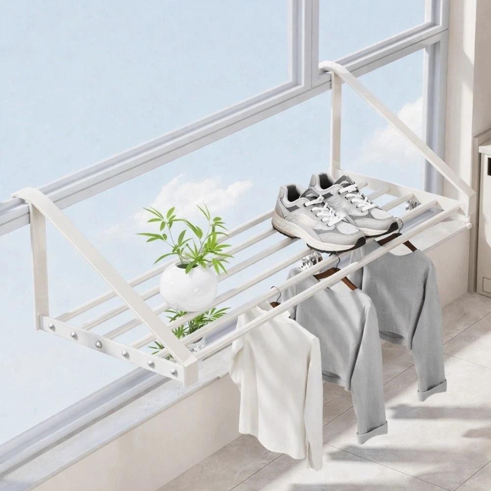 Space Saving Clothes Drying Rack Wall Mounted Hanging Clothes Rack Shoe Rack  for Balcony