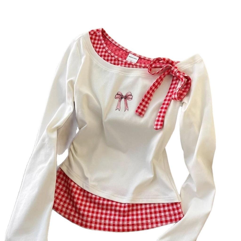 Girls Long Sleeve T Shirt With Colorblock Plaid Pattern For Spring Casual Wear