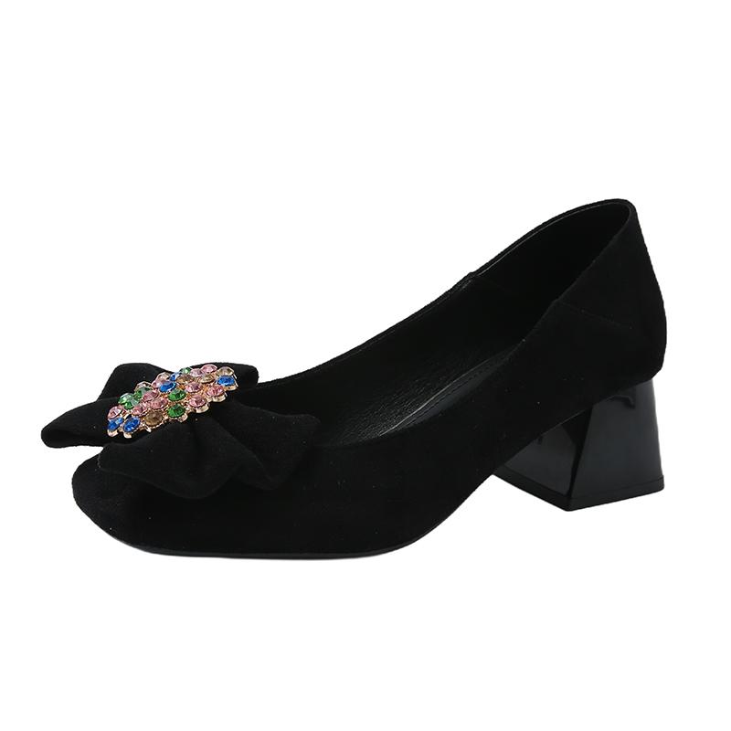 Модные Сладкие Однотонные Туфли Летние Новые Квадратный Носок Мелкий Вырез Хрустальная Пряжка Бант из Ленты Противоскользящая Износостойкая Каблуки