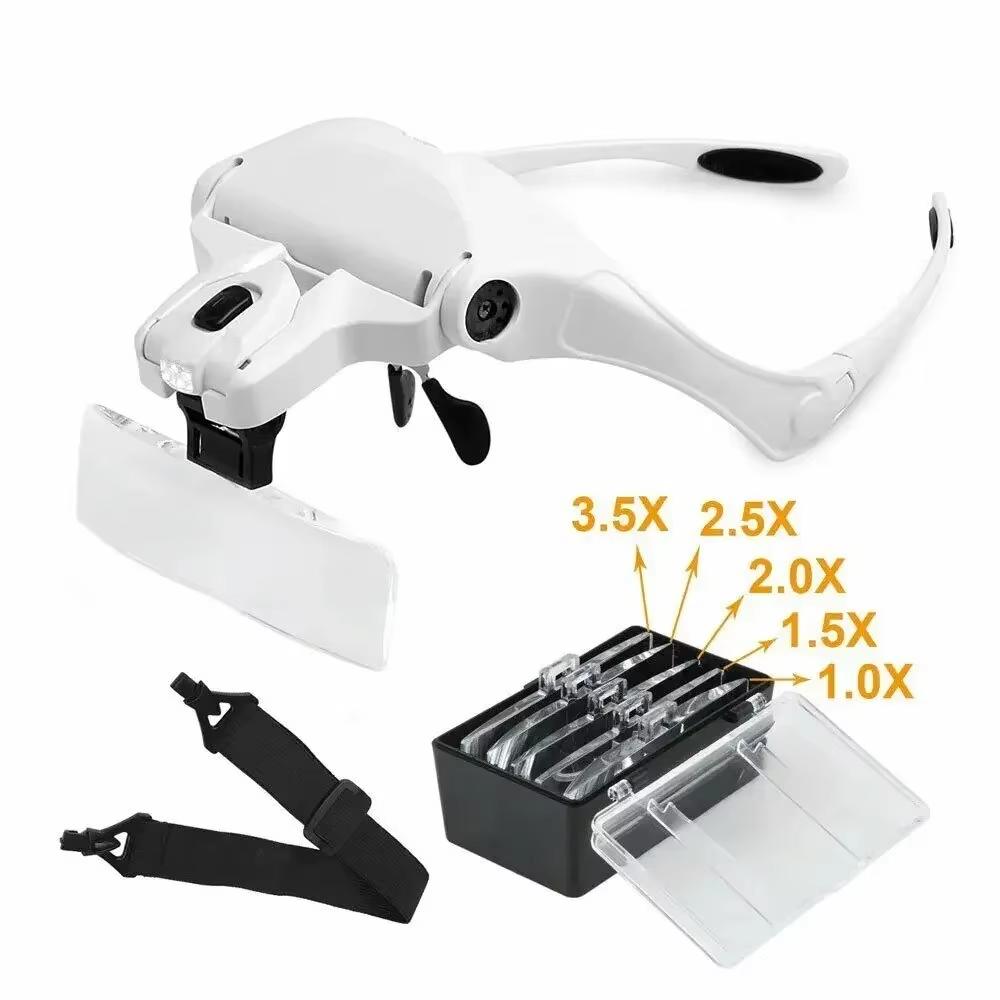 USB Rechargeable Magnifier Headband Magnifying Glasses LED Light Head-mounted Magnifier with 5 Lens 1.5x 2x 2.5x 3x 3.5x