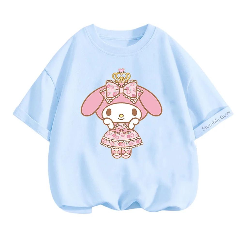 Kawaii My Melody Sanrio Short Sleeve T-shirt 3-14Y Kids Summer Casual Tops Boys Clothes Girls