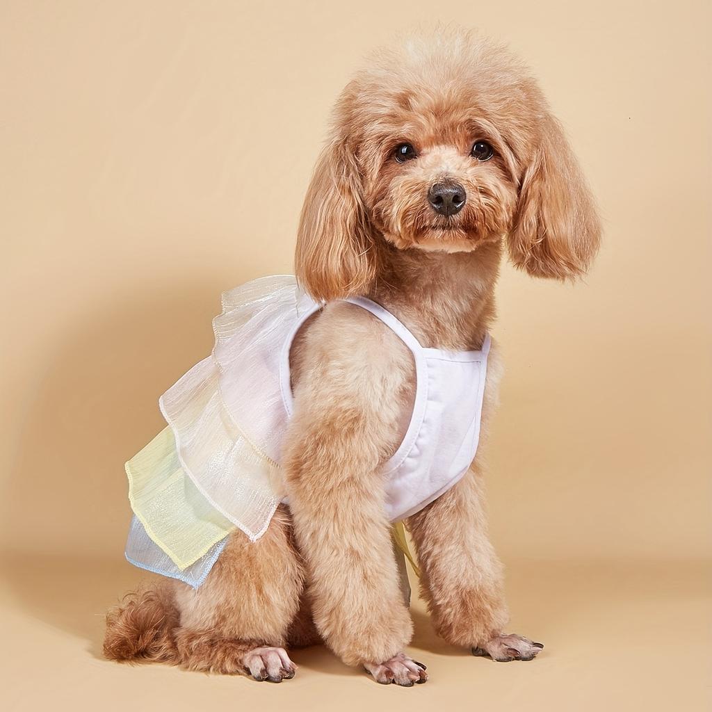 Summer Puppy Dress, Rainbow Tulle Tiered Skirt, Cute Doggie Sling Outfit, Fairy Pet Wear with Bows, Breathable Small Dog Apparel