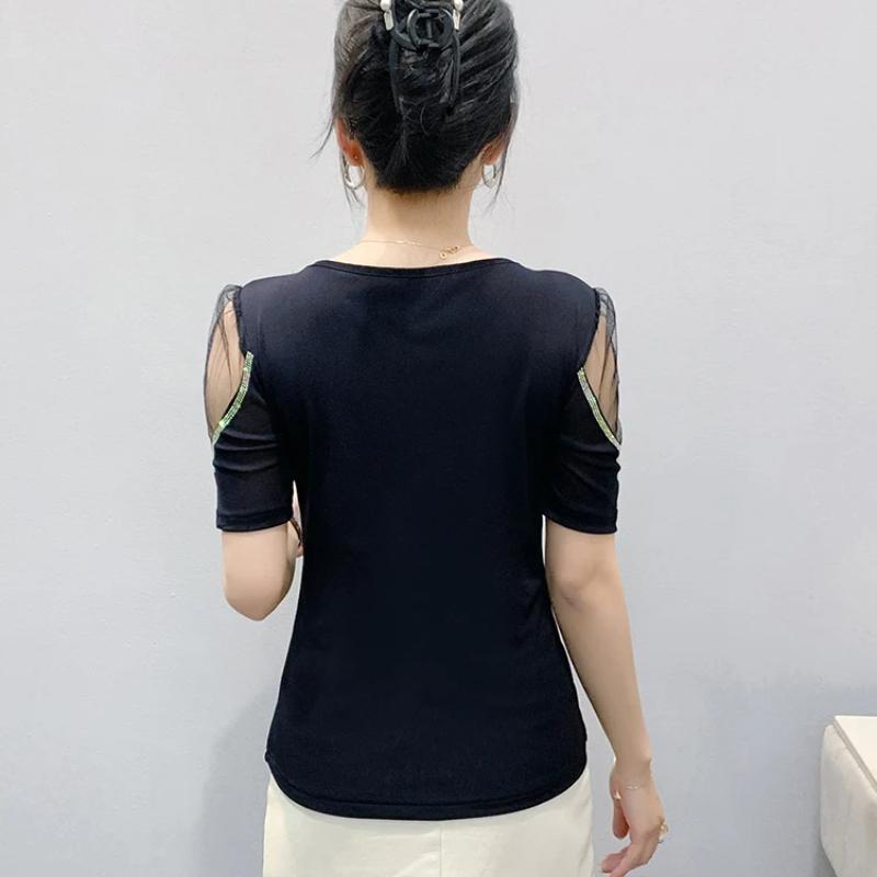 Новая европейская женская одежда Роскошная элегантная футболка Сексуальная блестящая бабочка Горячие бриллианты Сетчатый топ Футболки Блузка