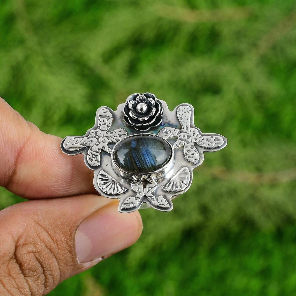 Natural Labradorite 925 Silver Multi Stone Flower Adjustable Ring For Women