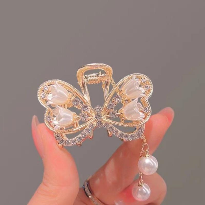 Fashion Lily of the Valley Flower Claw Clip Premium Pearl Butterfly Tassel Hair Clip Girls Elegant Hair Accessories