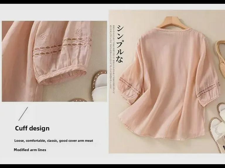 2024 Summer Embroidered Cotton-Linen Retro Top: Short-Sleeve, Slim Fit, Loose, Versatile Pullover