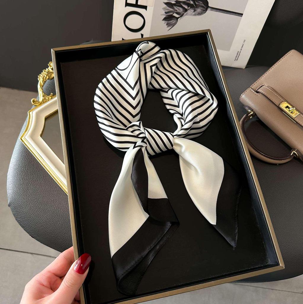 Women's Striped Silk Imitation Square Scarf - Spring & Autumn All-Match Simple Style Accessory