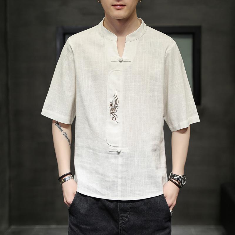 Мужская летняя однотонная повседневная футболка в китайском стиле с короткими рукавами, молодежная тонкая вышитая блузка с V-образным вырезом