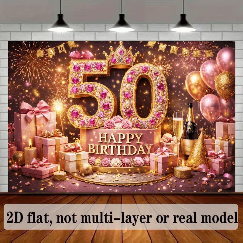 2D Elegant 50th Birthday Backdrop with Champagne, Roses and Gifts Photo Booth Banner