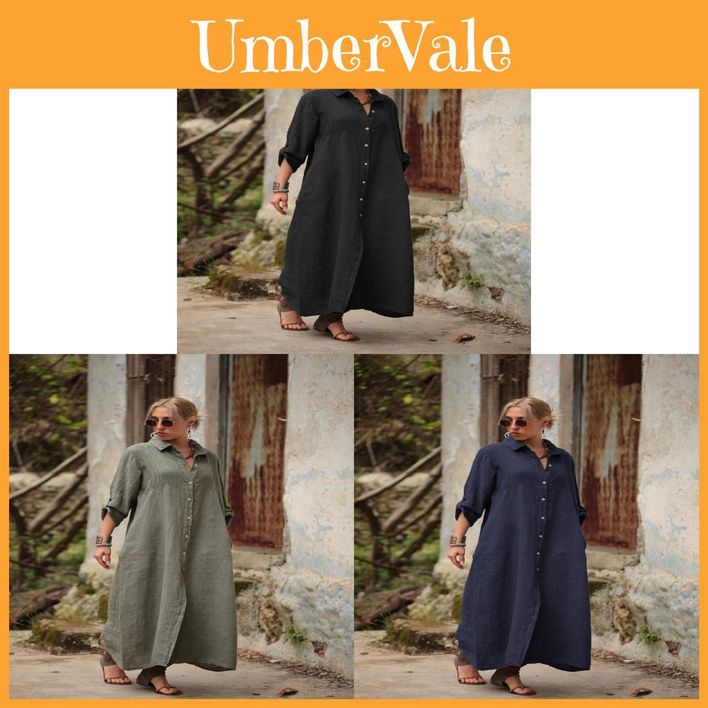 Cotton Linen Long Dress With Shirt Collar For Elegant Casual Wear