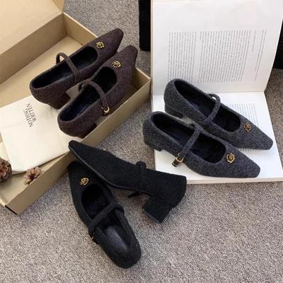 Серые пушистые туфли женские новые зимние французские феи флисовые одинарные туфли толстый каблук Мэри Джейн высокие каблуки