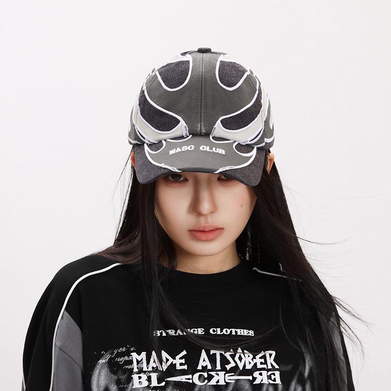 Street Trendy Brand Big Head Circumference Baseball Cap Contrasting Color Flame Splicing Washed Embroidery Hip Hop Sunshade Cap