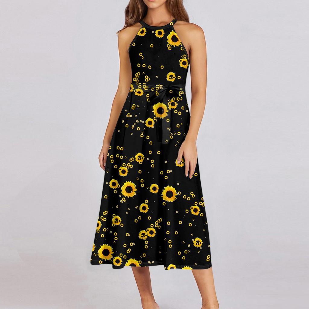 Женское повседневное платье миди с круглым вырезом, классическое, повседневное, без рукавов, свободное платье в стиле бохо с завязками, летний пляжный сарафан