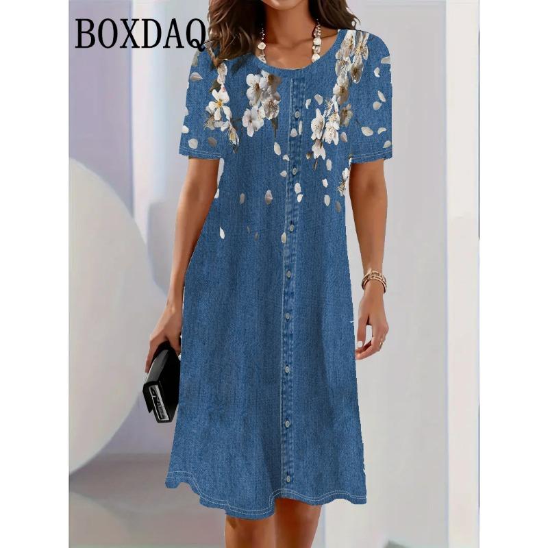 Модный тренд 2025 года 3D Имитация джинсовой ткани Женское платье Летнее уличное С коротким рукавом O-образный вырез Свободное Повседневное Платья с цветочным принтом