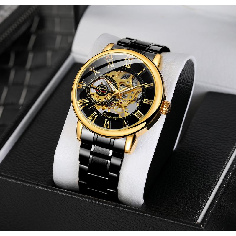 Forsining Часы Мужские модные повседневные золотые часы со стальным ремешком скелетонизированные механические часы