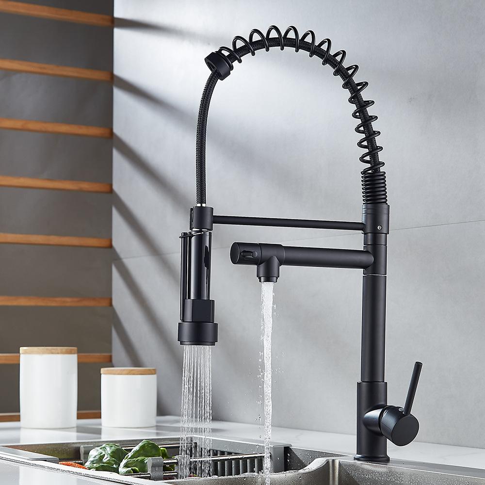 Chrome Spring Kitchen Faucet Pull Down Dual Spouts 360 Swivel Handheld Shower Kitchen Mixer Crane Hot Cold 2 Outlet Spring Taps