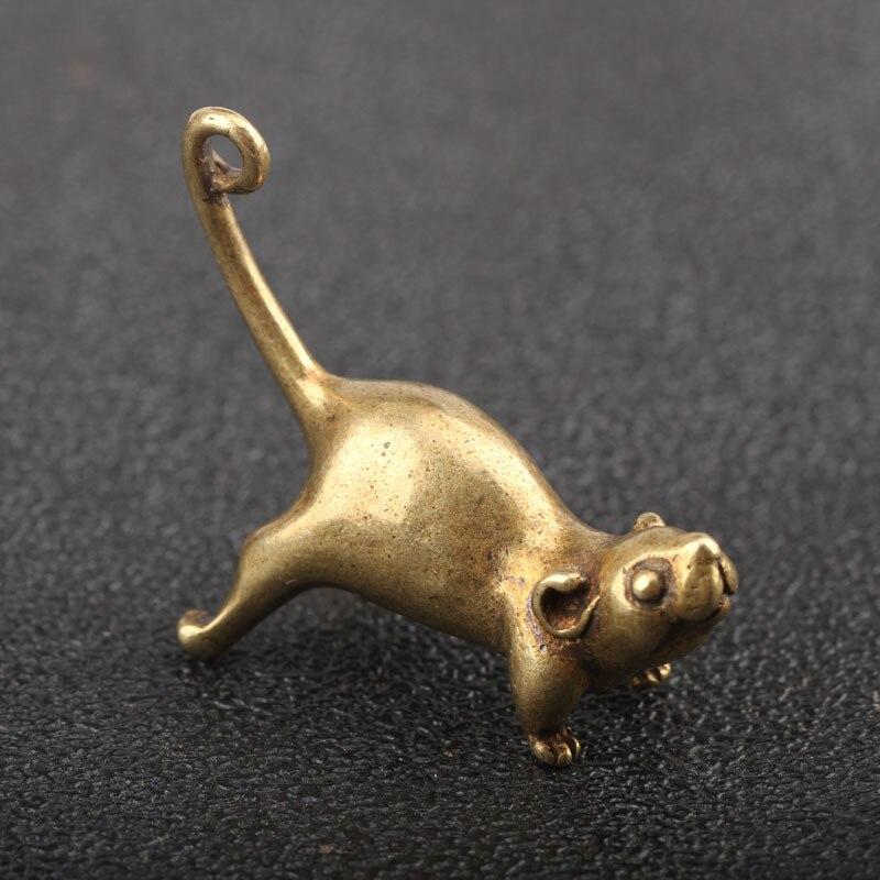 Vintage Brass Cute Cartoon Rat Car Keychain Pendants Copper Long Tail Mouse Key Ring Hanging Trinkets Chinese Rat New Year